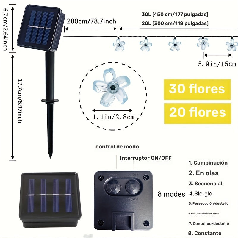 Luces solares de cerezo púrpura, 8 funciones, decoración para patio, balcón, camping, tira LED de ambiente festivo, 1 cuerda de 5 metros con 20 luces o 6.5 metros con 30 luces