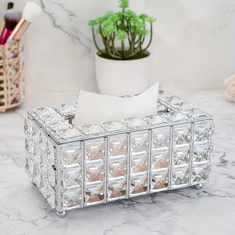 Soporte Elegante para Caja de Pañuelos de Metal con Detalles en Cristal, Blanco y Dorado, Tapadera Extraíble, Forma Rectangular, Ideal para Cocina, Comedor y Decoración del Hogar