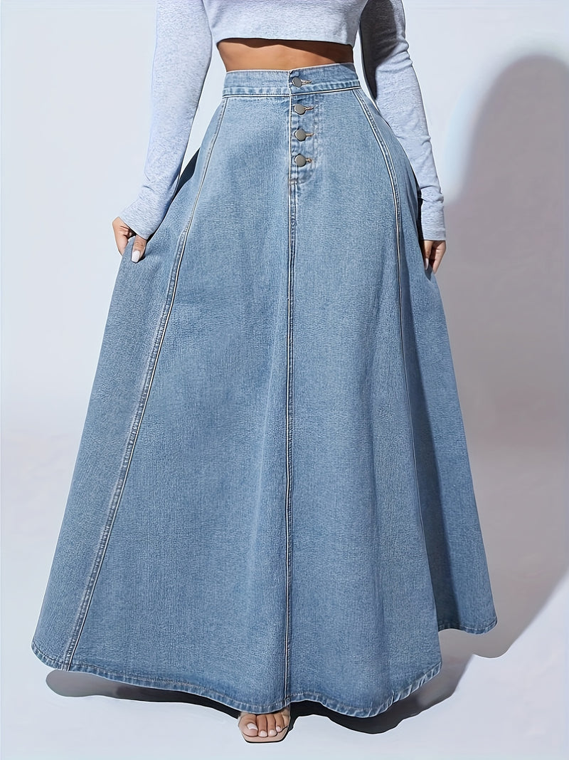 Falda larga acampanada de mezclilla de lavado claro liso, de un solo pecho, corte holgado, para mujer, jeans y ropa de mezclilla