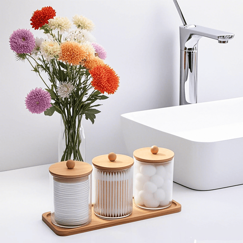 1 juego de frascos transparentes con tapas y bandejas de bambú, ideales para organizar y decorar baños. Farmacéuticos pueden usarlos para guardar hisopos, bolas, esterillas e hilo dental