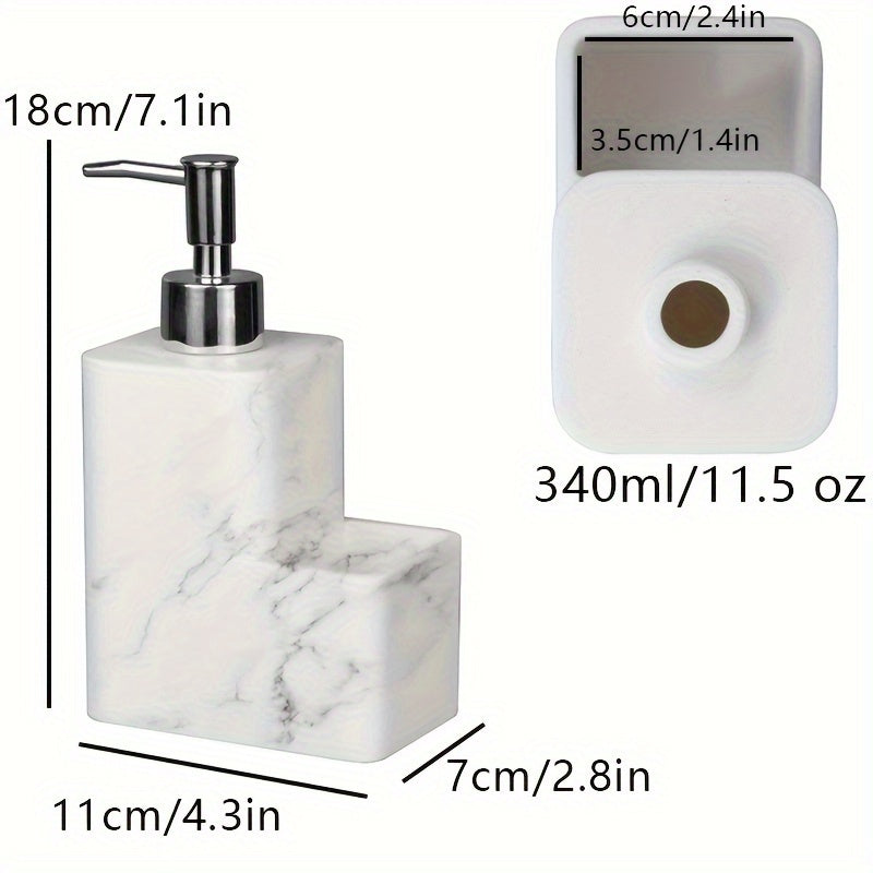 Dispensador de jabón de mármol blanco elegante con soporte de cepillo - Autónomo, no necesita electricidad, material de resina, ideal para encimeras de cocina y baño, incluye almacenamiento de almohadilla de limpieza, dispensador de jabón para baño