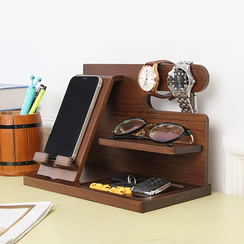 Soporte de Madera Sólida para Teléfono y Organizador para Hombres – Mesita Multifuncional con Ranura para Cable de Carga, Compartimentos para Carteras, Gafas, Relojes & Llaves – Regalo Perfecto para Papá, Esposo, Novio – Montaje Fácil, Decoración Estilo