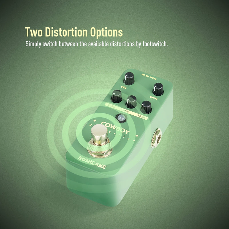 Pedal de Distorsión Sonicake Cowboy - Homenaje a Dimebag Darrell con Interruptor Dual (Bajo/Medios/Agudos), Construcción Metálica Resistente, Pedal Compacto Verde para Heavy Metal, Rock y Blues - Incluye Correa Hook and Loop, Compatible con 9V-18V DC (Po