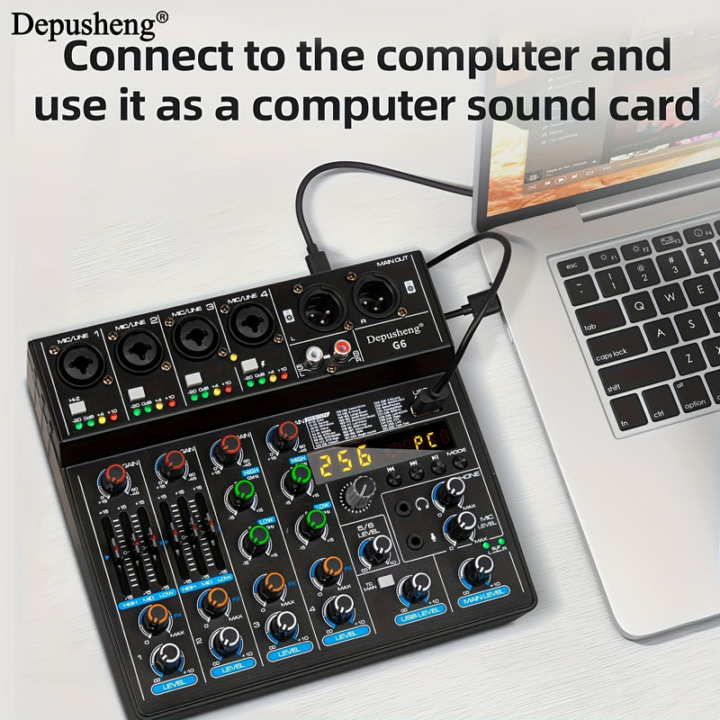 Consola de mezcla portátil G6 de DEPUSHENG, alimentada por USB, con 6 canales USB, controlador de sonido DJ con pantalla LCD, diseño compacto para grabación de PC, transmisión y uso en vivo, sistema de mezcla, apariencia simplificada, construcción de ale