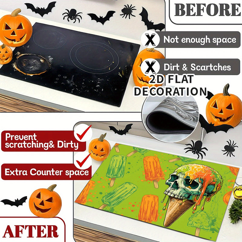 1pc Cubierta para Estufa de Halloween - Decoración Espeluznante, Verde y Naranja, Superficie Antideslizante con Forro de Goma, Compatible con Estufas Eléctricas/Gas, Fácil Instalación para Fiestas de Halloween y Uso Todo el Año, Protector de Cocina, Deco