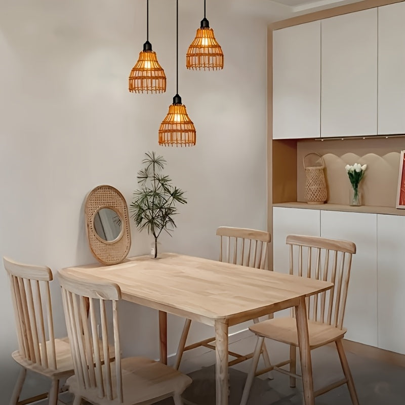 Lámpara de techo de caña de bambú con energía solar - Lámpara colgante de caña de bambú hecha a mano con bombillas LED de bajo consumo, sensor de luz y batería de níquel, montaje semienterrado para isla de cocina, comedor, sala de estar, dormitorio, lámp