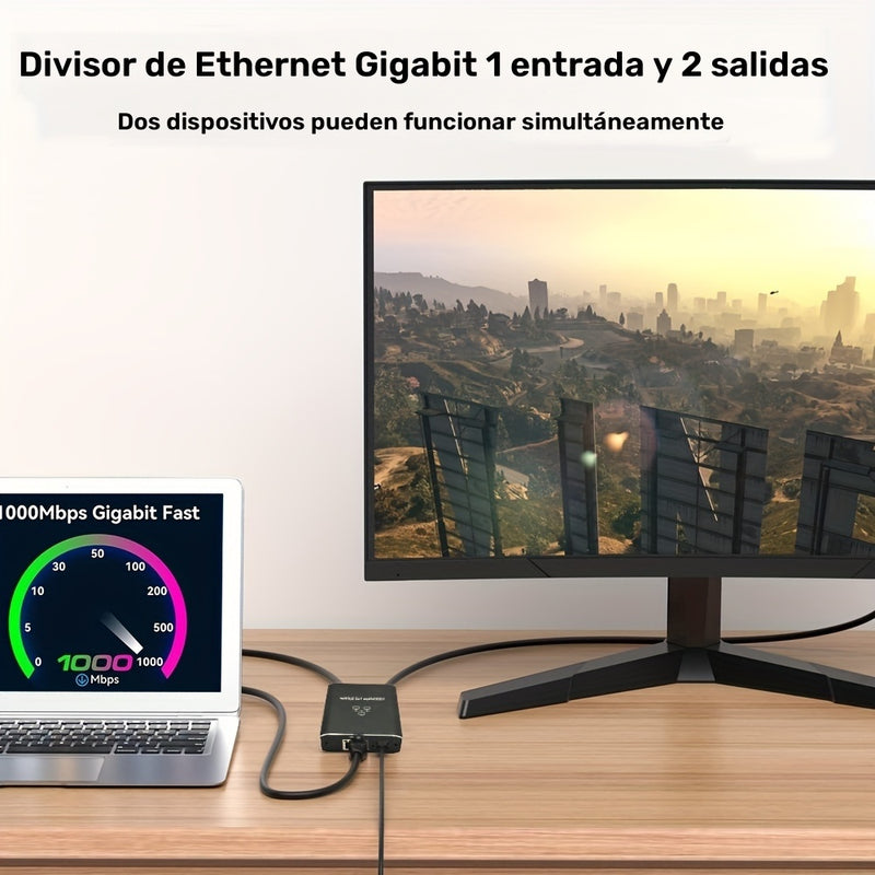 Adaptador divisor Gigabit Ethernet - Divisor de cable de red RJ45 de 1 a 2 puertos con alimentación USB - Uso compartido de conexión a Internet de doble dispositivo para Cat5/5e/6/7/8 - Divisor LAN Y RJ45 de alta velocidad de 1000 Mbps