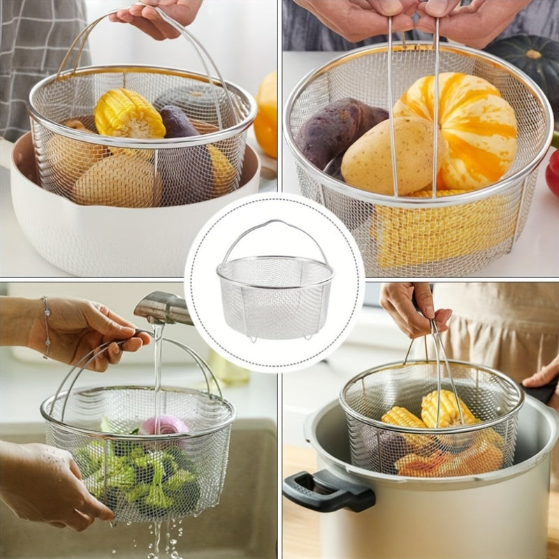 1pc Juego de cesta de vapor y colador de aleación de aluminio de 20 cm con bandeja de drenaje y soporte para pies, multifuncional para freír, cocinar y cocinar al vapor