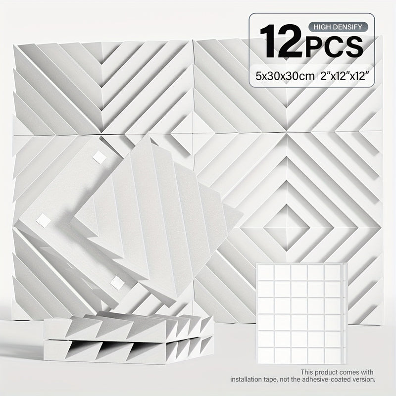 12pcs, 24pcs - Paneles de Espuma Aislante Acústica con Ranura Diamantada 5.08x30.48x30.48 cm, Paneles de Alta Densidad para Estudio, Paneles Decorativos 3D, Material Absorbente de Sonido para Hogar u Oficina (Incluye Pegatinas)