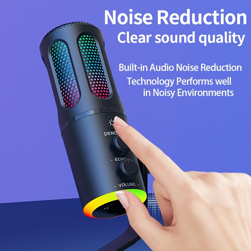 Microfono de Escritorio USB RIKSOIN con Iluminación RGB, Micrófono de Condensador para Grabación y Transmisión en Estudio Zero-Latin, Compatible con PC, Mac, PS4/5, Incluye Entrada para Auriculares, , Ideal para Podcasts, Juegos y Videollamadas, Micrófon