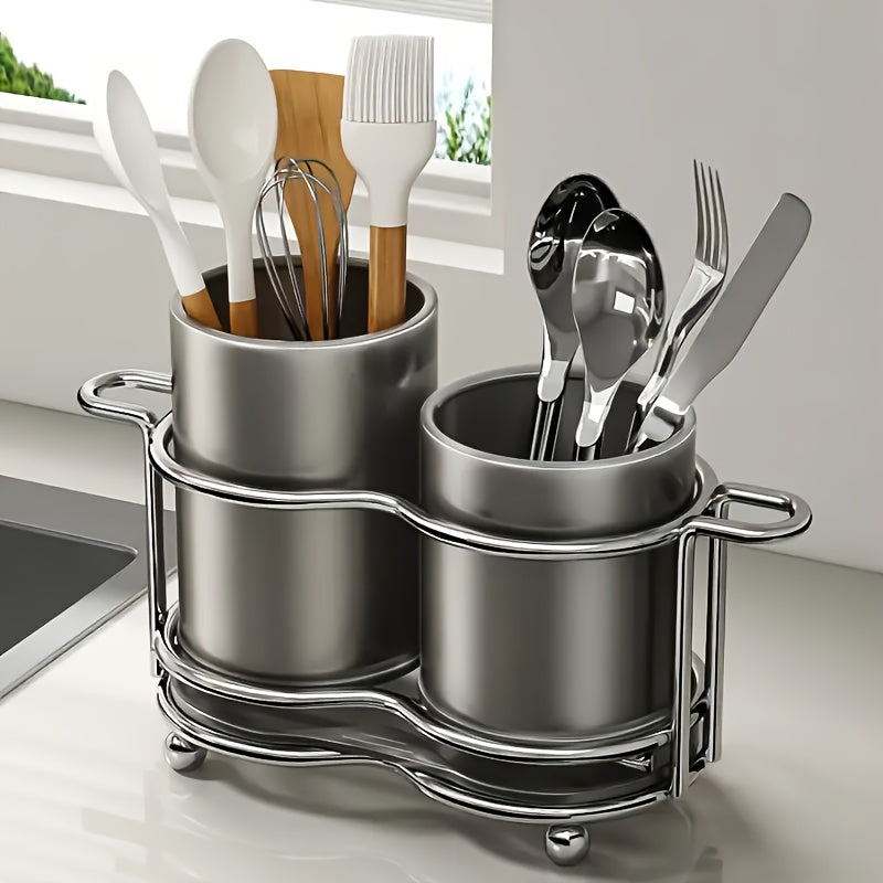 Juego de 3 Portacubiertos con 2 Bandejas para Utensilios, Organizador de Cubertería con Marco Metálico y 2 Compartimentos para Almacenamiento en Cocina y Encimera