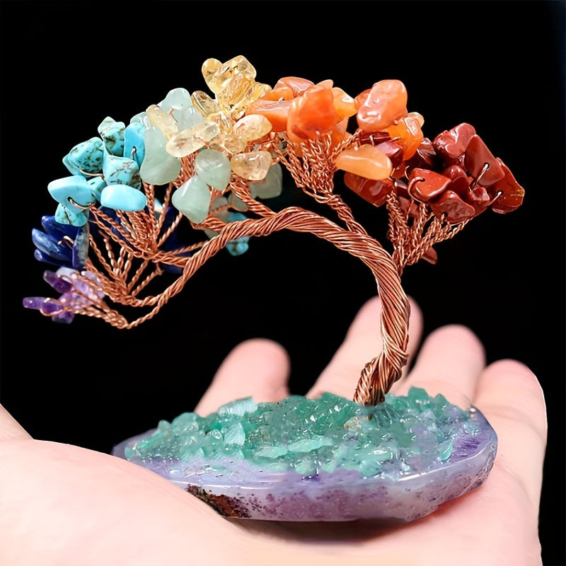 Árbol de Dinero de Cristal de 7 Chakras con Base de Ágata - Decoración Natural de Reiki y Buena Suerte para el Hogar, Oficina y Sala de Estar
