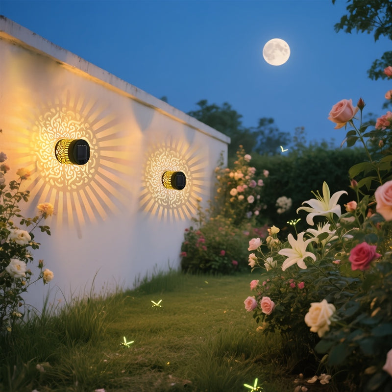 1/2 piezas de luz solar exterior para pared, lámpara LED amarillo cálido, luz de valla de metal con tema solar, adecuada para jardín, patio, balcón, villa, puerta, iluminación de paisaje eficiente en energía