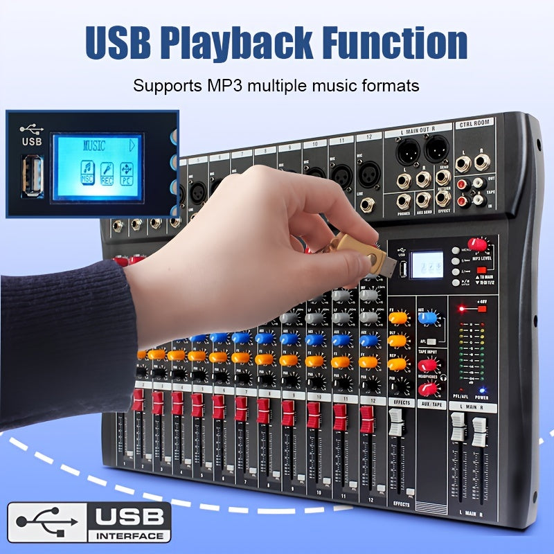 Consola de mezcla audio profesional de 6/8 canales con alimentación fantasma de 48V, USB y interfaces XLR/RCA, ideal para actuaciones en vivo, grabación de streaming y escenarios musicales