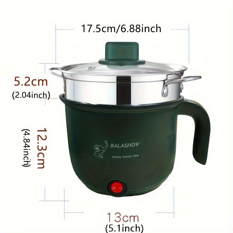 Olla Caliente Eléctrica Portátil BALASHOV de 1.8L con Vaporera - Antiadherente, Sartén Mini Multifuncional para Ramen, Fideos, Pasta, Huevos, Sopa y Avena - Verde, Diseño Viajero con Aislamiento Antiescaldado, Electrodoméstico de Cocina para Residencias