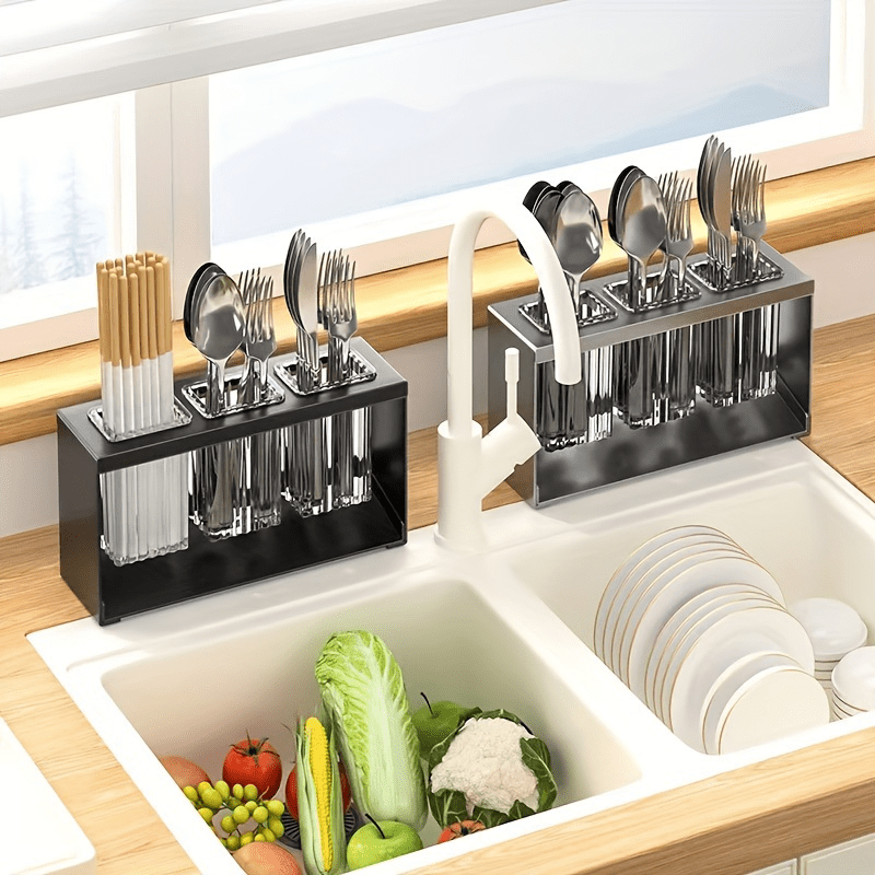 1pc Organizador multifuncional de utensilios de cocina con bandeja de drenaje - Soporte de plástico para almacenar cuchillos, tenedores, cucharas y palillos - Soporte de utensilios de mostrador con drenaje integrado para uso en el hogar y en restaurantes
