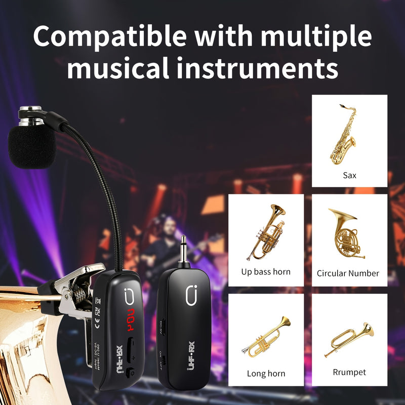 Sistema de Micrófono sin varillas UHF para Saxofón, Micrófono Clip-On para Instrumentos con Transmisor y Receptor, Distancia de Transmisión hasta 48.77 metros, Recargable Apto para Trompeta, Trompa, Violonchelo, Incluye Estuche de Almacenamiento