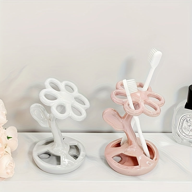 Portacepillos de Cerámica Diseño Original - Organizador de Baño Independiente con Flores en 3 Colores (Rosa, Blanco, ), Almacenamiento Doble para Brochas y Cosméticos, Sin Necesidad de Electricidad, Decoración Elegante y Regalo Festivo