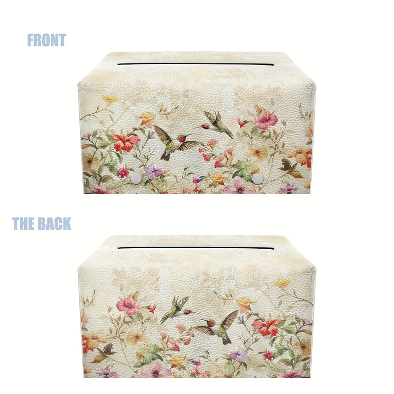1pc Cubierta de Caja de Pañuelos de Cuero Pu con Cinturón Antideslizante, Estampado Vintage de Flores y Colibrí, Organizador Portátil de Pañuelos, Cubierta Decorativa para Caja de Pañuelos para Sala de Estar, Baño y Oficina