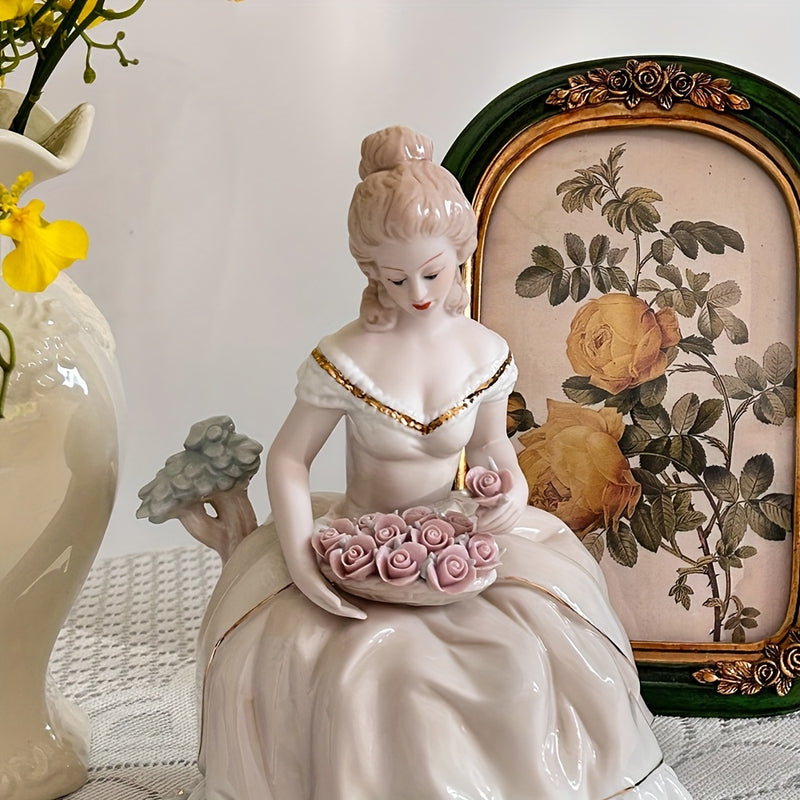 Elegante Figurita de Cerámica Hecha a Mano que Sostiene Rosas - Estilo Europeo Vintage, Ideal para Decoración del Hogar, Bodas y Regalos, Perfecta para el Día de la Madre, San Valentín y Cumpleaños, Decoraciones de Bodas