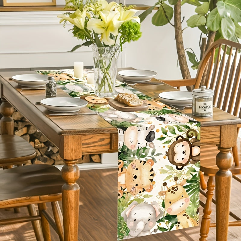 Corredor de Mesa con Estampado de Animales del Jungla - 1 pieza, 100% Poliéster, Diseño Lindo de León, Tigre, Cebra y Elefante en Dibujos Animados con Hojas Vibrantes, Perfecto para Decoración de Primavera, Fiestas Infantiles y Eventos Temáticos, Decorac