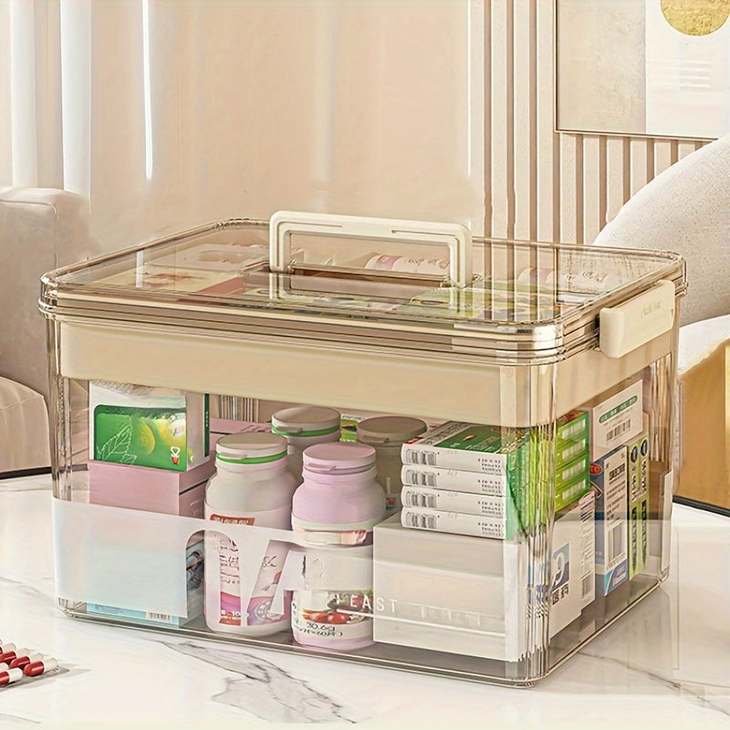 Organizador de Medicinas Transparente de Gran Capacidad con Asa y Tapa - Impermeable, Caja de Almacenamiento Multinivel para Esenciales de Hogar y Oficina