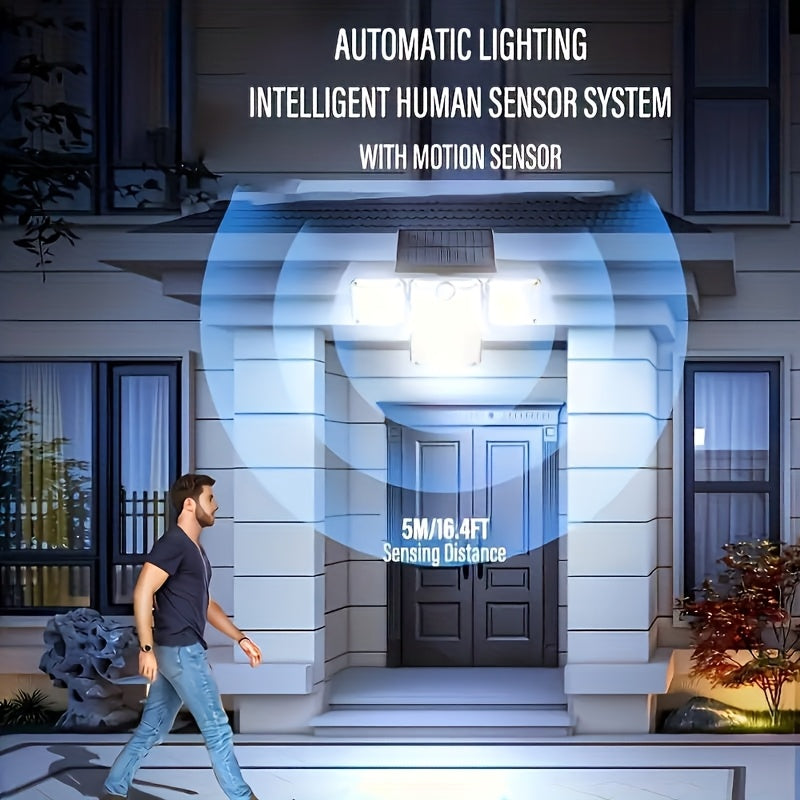 Luz solar para exteriores, 333 LED, con sensor de movimiento, 3 modos con control remoto, luz solar de 4 cabezales, ideal para patio, cochera, porche, jardín, luz solar de pared de 4 cabezales con 333 LED y 3 modos de efecto de luz