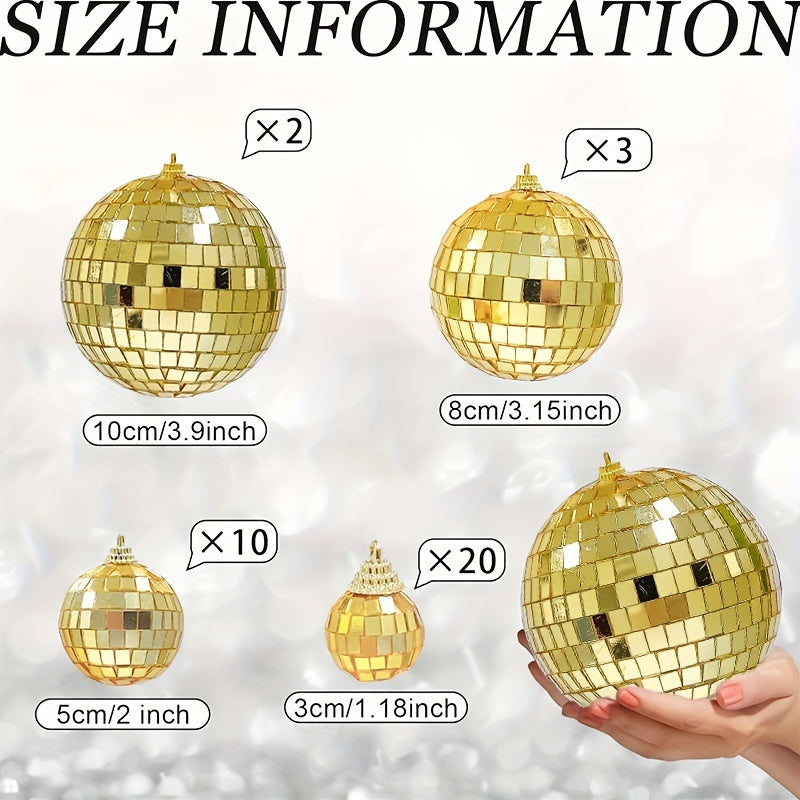 35 bolas de disco de vidrio, 4 tamaños, decoraciones reflectantes plateadas colgantes, suministros para fiestas de disco de los 70, decoraciones navideñas para árboles, sin plumas, para uso en el hogar y la cocina.