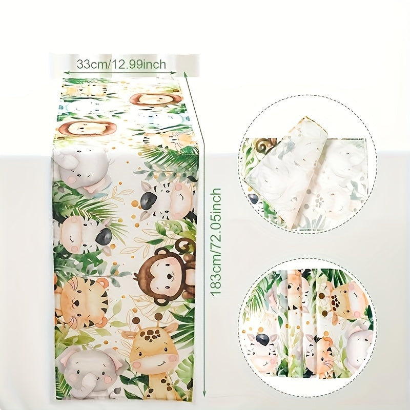 Corredor de Mesa con Estampado de Animales del Jungla - 1 pieza, 100% Poliéster, Diseño Lindo de León, Tigre, Cebra y Elefante en Dibujos Animados con Hojas Vibrantes, Perfecto para Decoración de Primavera, Fiestas Infantiles y Eventos Temáticos, Decorac