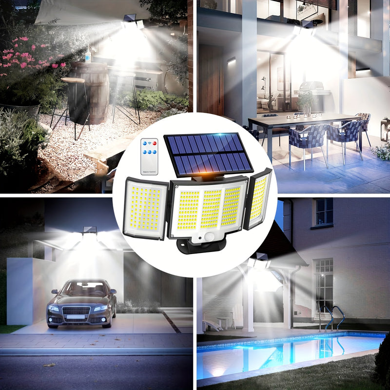 1 unidad/2 unidades de luz solar exterior, luz de seguridad con 348 LEDs y control remoto, foco de pared con sensor de movimiento de 3 cabezales, 270° de ángulo amplio, 3 modos de iluminación, lámpara para jardín, patio, garaje, puerta principal, piscina