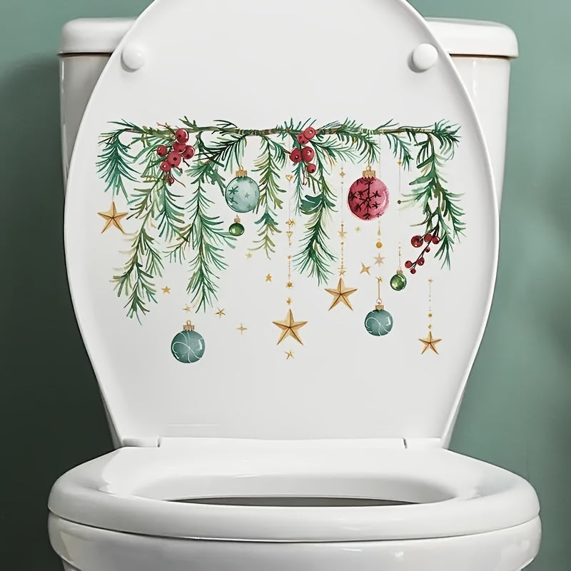 Pegatina de tapa de inodoro festiva de Navidad con guirnalda de pino, bayas y bolitas, decoración de plástico autoadhesiva para superficies cerámicas con características ornamentales - Aplicación de baño de adhesivo de un solo uso