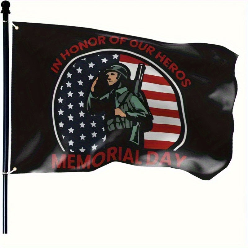 1 pieza de bandera de bandera de Día de los Caídos Patriótica 3x5 pies - "En honor a nuestros héroes" con soldado salutando y diseño de bandera estadounidense, tejido de poliéster duradero para decoraciones al aire libre y celebraciones, decoraciones de
