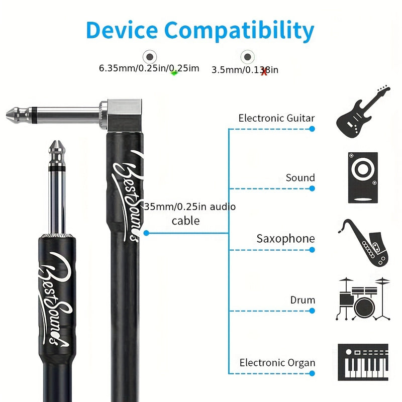 Cable de Guitarra Eléctrica Duradero de 10ft/20ft - Cable de Instrumento Macho a Hembra con Conectores de 1/4", Cable Redondo Flexible para Bajo, Teclado y Amplificador de Audio - Negro con Bandas de Goma Organizadoras, Accesorios para Guitarra Eléctrica