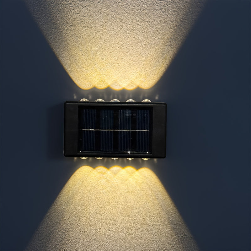 4 piezas, lámpara de pared solar convexo con luces LED 8/10/16 emitiéndose desde arriba y abajo, lámpara decorativa de pared para courtyards, lámpara de guía de atmósfera para jardines y porches, adecuada para jardines, courtyards, camas de flores y atri