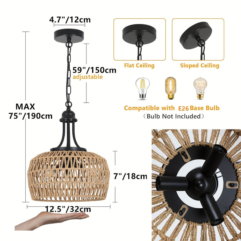 Lámpara de Techo Boho de Granja de 3 Luces con Pantalla de Ratán Tejido – Aplique de Lámpara Costera para Comedor, Cocina, Dormitorio, Pasillo de Isla – Base E26, Acabado Metálico, Lámparas de Techo para Comedor