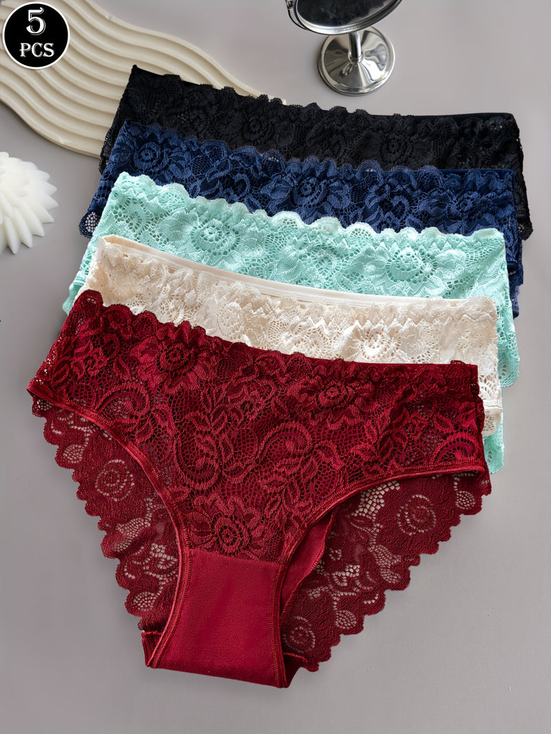 Conjunto de 5 Bragas de Encaje Floral, Bragas Triangulares Cómodas para Mujer con Ribete de Encaje