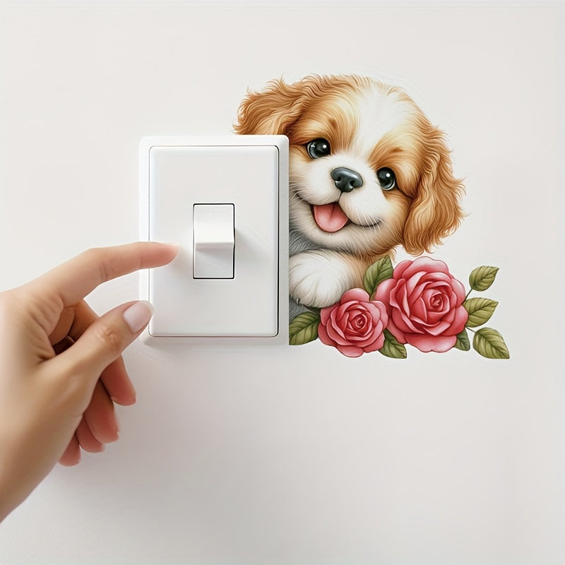 1 Adhesivo de interruptor de pared con cachorro adorable y rosas, divertido vinilo 3D, perfecto para dormitorio, baño, fácil de aplicar y quitar, decoración estética del hogar, decoración de la habitación, embellece tu hogar