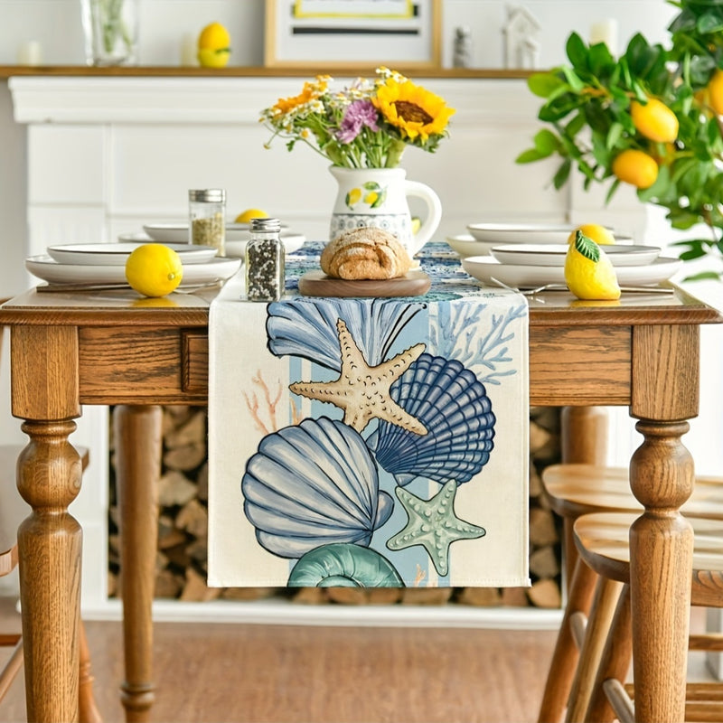 1 pieza de cubre mesa de lino con diseño de conchas marinas y estrellas de mar, 100% lino tejido, decoración rectangular para mesa, hogar, fiestas con temática de primavera, verano y océano