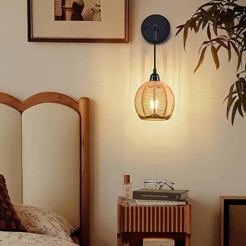 2 piezas de apliques de pared modernos estilo bohemio rústico con pantallas de ratán tejido a mano, montaje semiempotrado en metal pulido, luces desmontables para dormitorio, sala, pasillo (sin focos incluidos), iluminación de pared para dormitorio | Apl