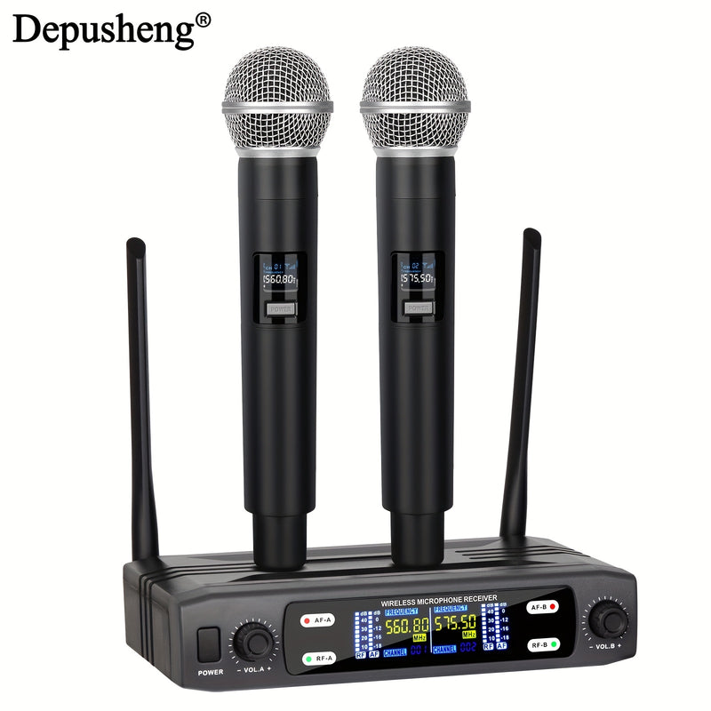 DEPUSHENG micrófono sin varillas profesional de dos canales portátil y manual, receptor sin varillas para KTV, familia, reuniones, canciones en vivo y actuaciones