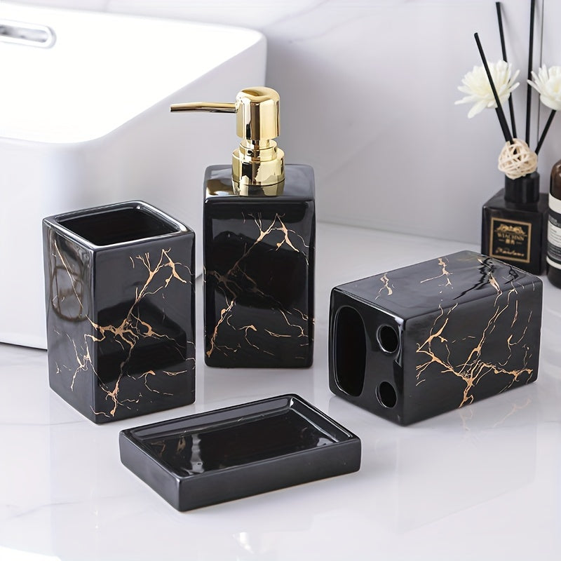 Juego de 4 piezas de accesorios para baño en blanco y negro con baño de oro: dispensador de jabón a presión, dispensador de gel de baño, contenedor de champú, portacepillos y jabonera