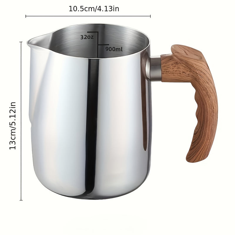 1 vaso de espuma de leche de acero inoxidable con mango de madera - 600 ml/900 ml, termo de leche para café, té, chocolate caliente - Equipo creativo para cocina y cafetería, accesorios para bar de café