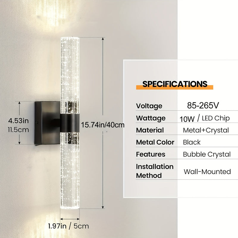 Aplique LED de cristal moderno - Aplique de pared de hierro fundido negro mate, montaje semi empotrado con control de interruptor para baño, dormitorio, sala de estar - 39,88 cm 5000 K, cableado, 110 V-240 V, fuente LED integrada