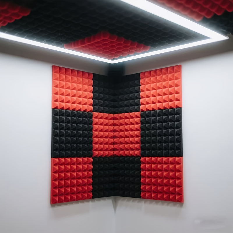 24 piezas, panel de absorción de sonido de algodón de pirámide de 12 * 12 * 2 pulgadas, negro y rojo (12 piezas negras + 12 piezas rojas), adecuado para paredes de estudios de grabación, salas de música, estudios de baile, paneles acústicos, salas de jue
