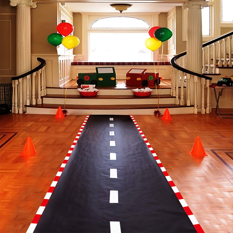 Corredor de fiesta temática de autos de carreras - 1 pancarta de poliéster a cuadros, decoración de pasillo de piso de pista de carreras no eléctrica para celebraciones de cumpleaños con temática de carreras