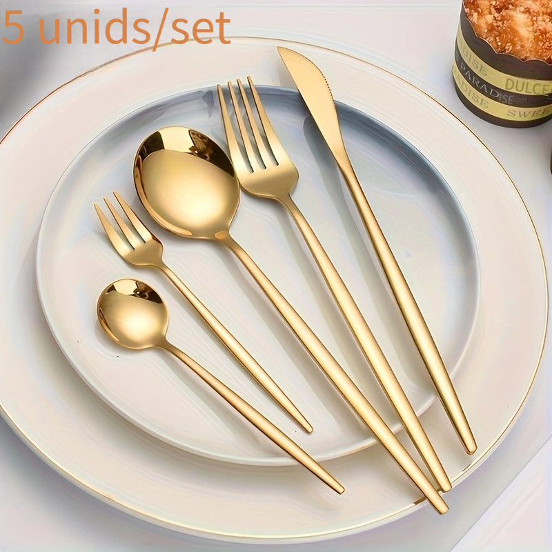 Juego de Cubiertos Elegantes de Acero Inoxidable Dorado de 5 Piezas - Incluye Cuchillo de Cena, Tenedor, Cuchara, Cucharita y Peine - Perfecto para Hogar, Cocina, Restaurante, Boda - Colección de Cubiertos Duraderos y Modernos, Utensilios de Cocina