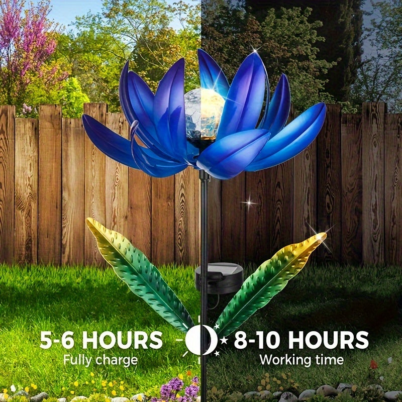 Jardín de luces de estacas de jardín alimentadas por energía solar, molino de viento de metal con luz LED de arriba, decoración de jardín exterior recargable con enchufe de suelo para patio, césped, camino, acabado de encaústico, control de interruptor,