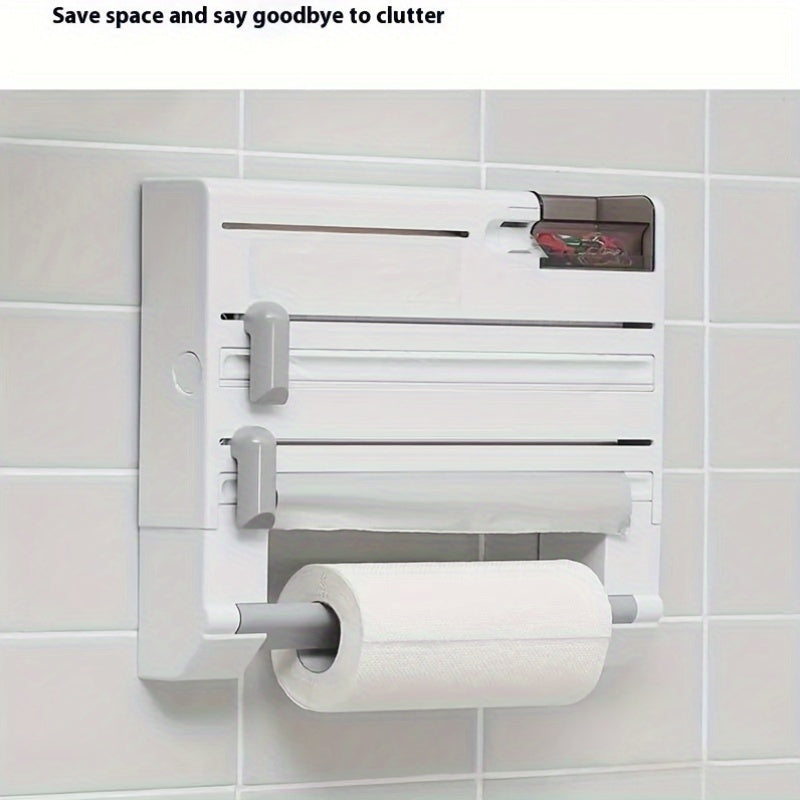 Organizador de cocina de pared 6 en 1 - Dispensador de papel de aluminio multifuncional con soporte de papel, almacenamiento de encimera que ahorra espacio para toallas de papel, servilletas y más, instalación fácil, diseño duradero