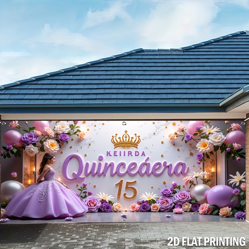 1pc, Feliz 15º Cumpleaños, Banner de puerta de garaje de cumpleaños al aire libre Cubierta de poliéster duradera Ideal para decoraciones diarias al aire libre - Precio sorpresa, Buena calidad y no requiere energía