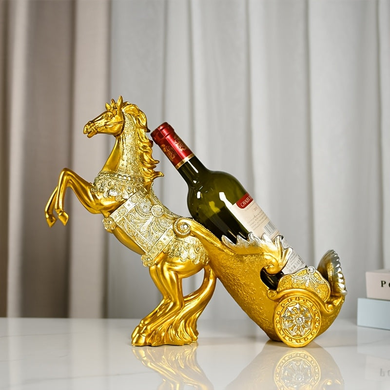Elegante Caballo Dorado Soporte de Vino - Acabado Detallado de Encaústico, Decoración de Lujo Moderna para Barra de Casa o Sala de Estar, Portavasos de Vino, Decoración de Bar | Diseño de Caballo Elegante | Artesanía Detallada, Decoración de Caballo
